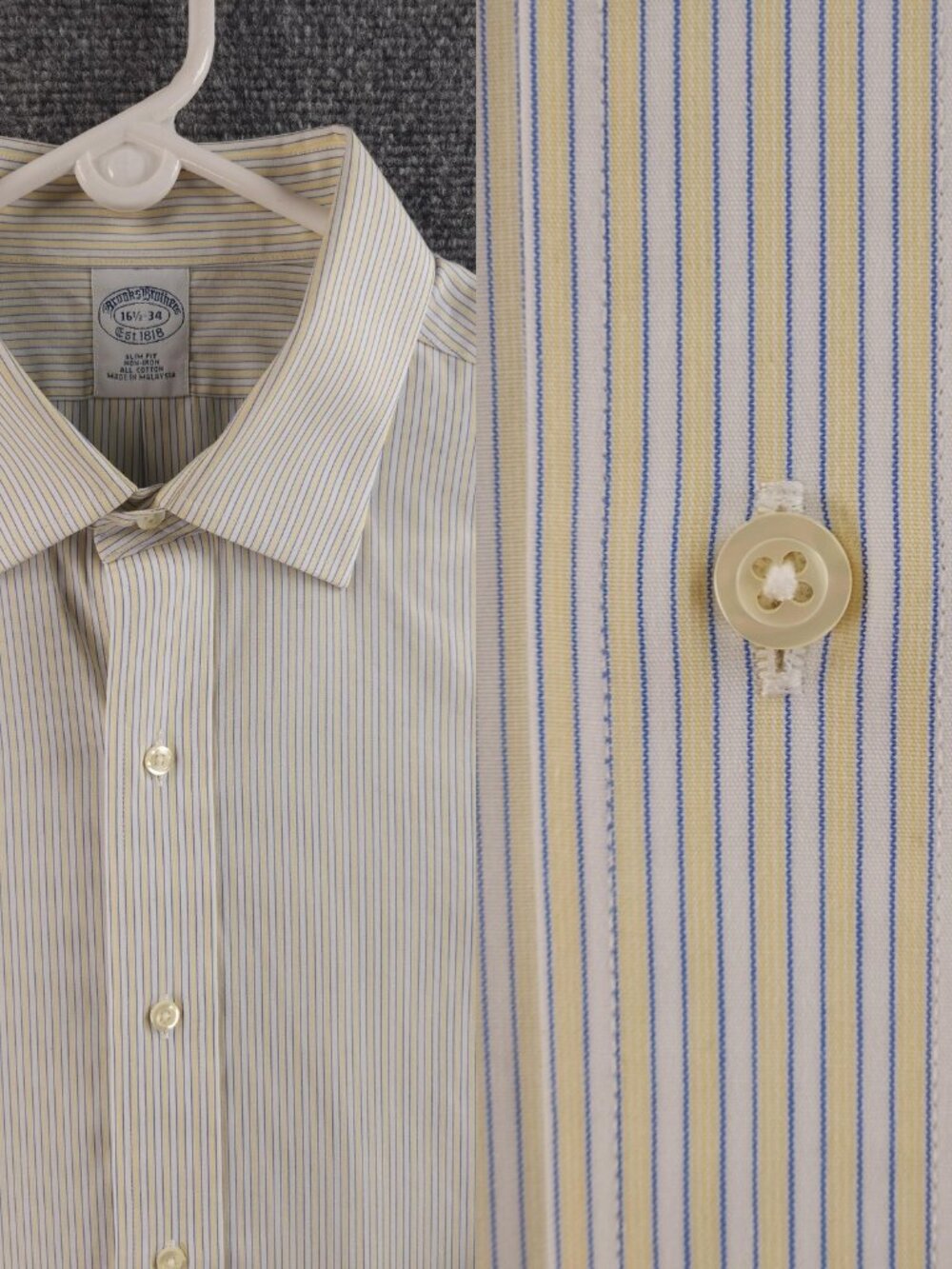 Brooks Brothers 16.5 34 Slim Striped Non-Iron Yellow Blue Shirt Men Button Up